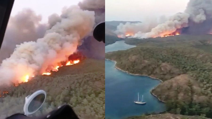 Marmaris'teki orman yangn rzgar nedeniyle byd