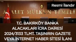 T.C. BAKIRKY BANKA ALACAKLARI CRA DARES 2024/3133 TLMT. TAINIRIN GAZETE VEYA NTERNET HABER STES LANI
