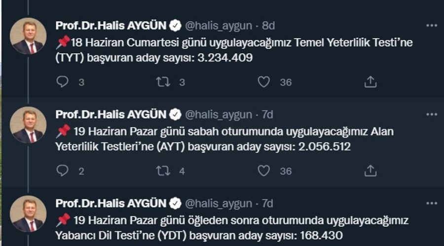 SYM Bakan Aygn: "2022 YKS'ye bavuran toplam aday says 3 milyon 243 bin 425"