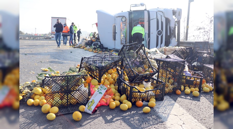 Devrilen t�rdaki tonlarca narenciye yola savruldu