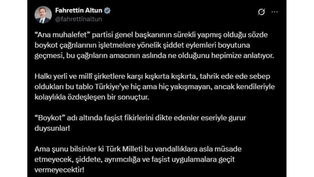 Altun: "'Boykot' ad� alt�nda fa�ist fikirlerini dikte edenler eseriyle gurur duysunlar"