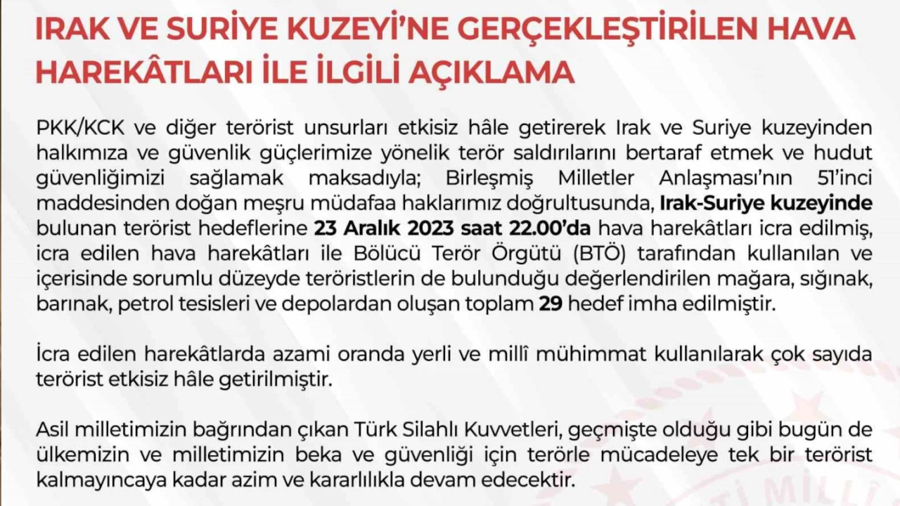 TSK bölücü terör örgütünün 29 hedefini imha etti
