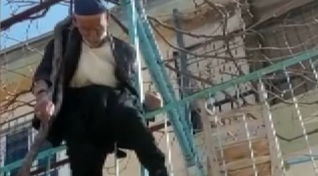 Yaşlı adam çıktığı ağaçta asılı kaldı