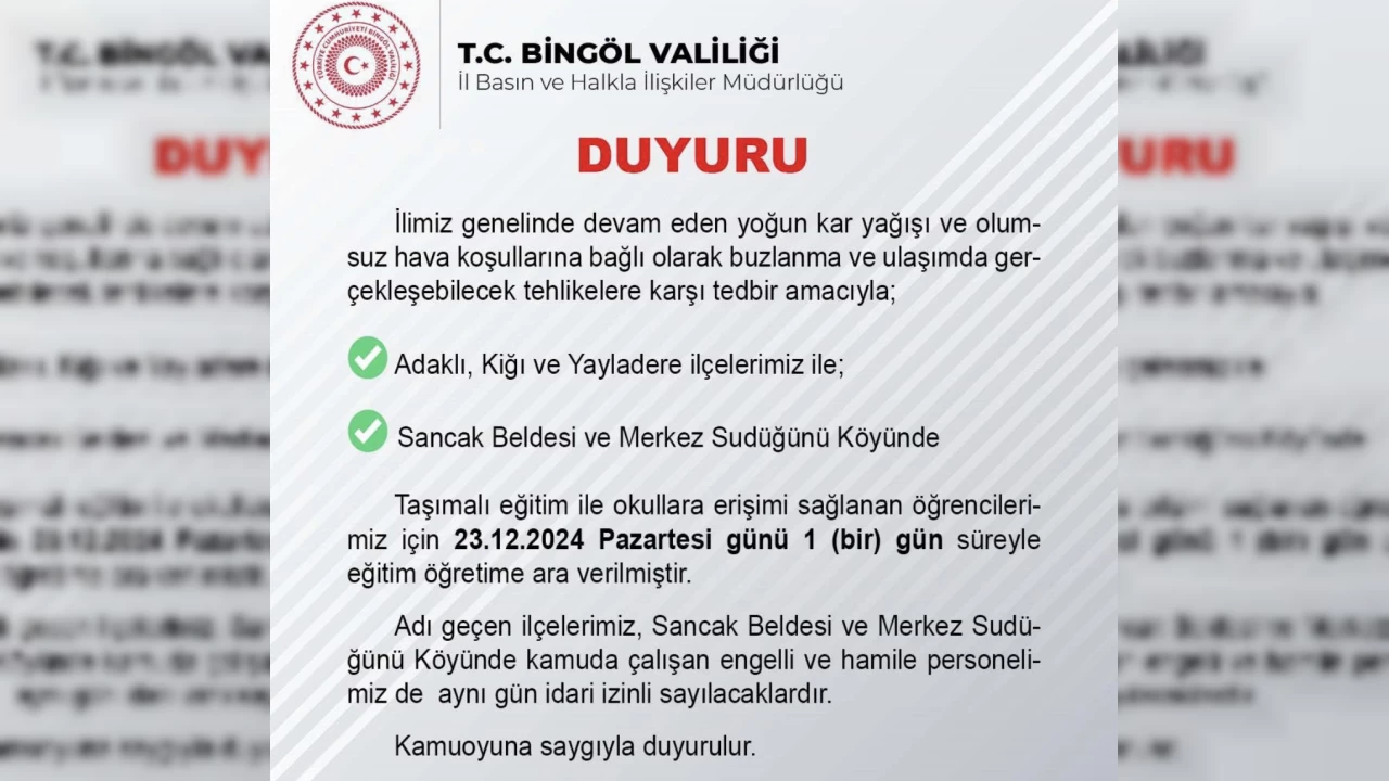 Bingöl'ün üç ilçesinde taşımalı eğitime 1 gün ara verildi