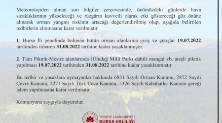Bursa'da ormanlara giriş çıkışlar ve ateşli piknik yapılması yasaklandı