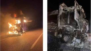 Seyir halindeki kamyon alev alev yandı