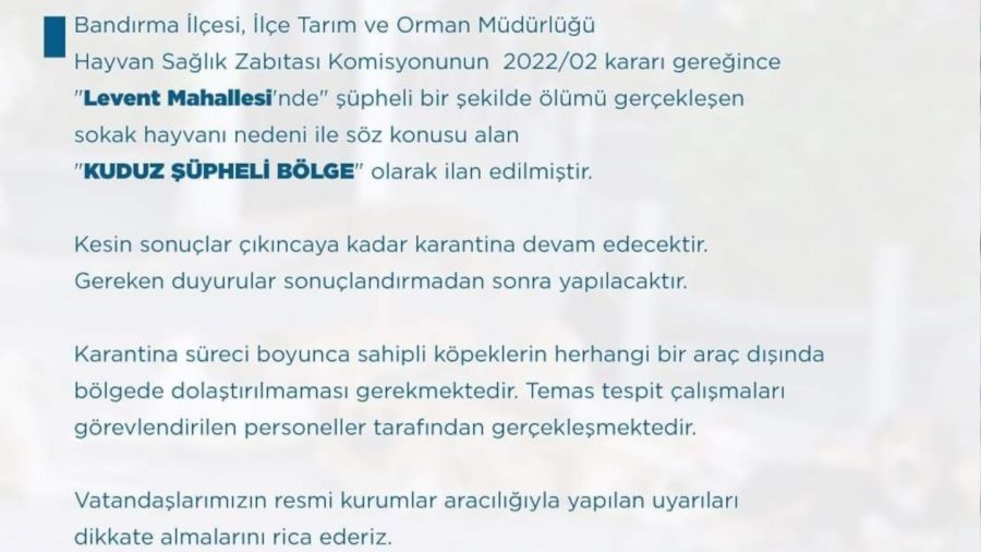 Band�rma'da bir mahalle kuduz ��phesi nedeniyle karantinaya al�nd�