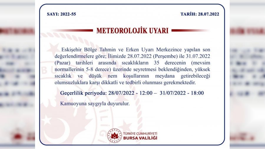 Bursa Valili�i�nden s�cak hava uyar�s�