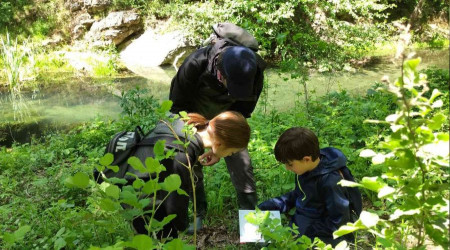 Öğrencilerini ormanda gezdirip ders veriyor