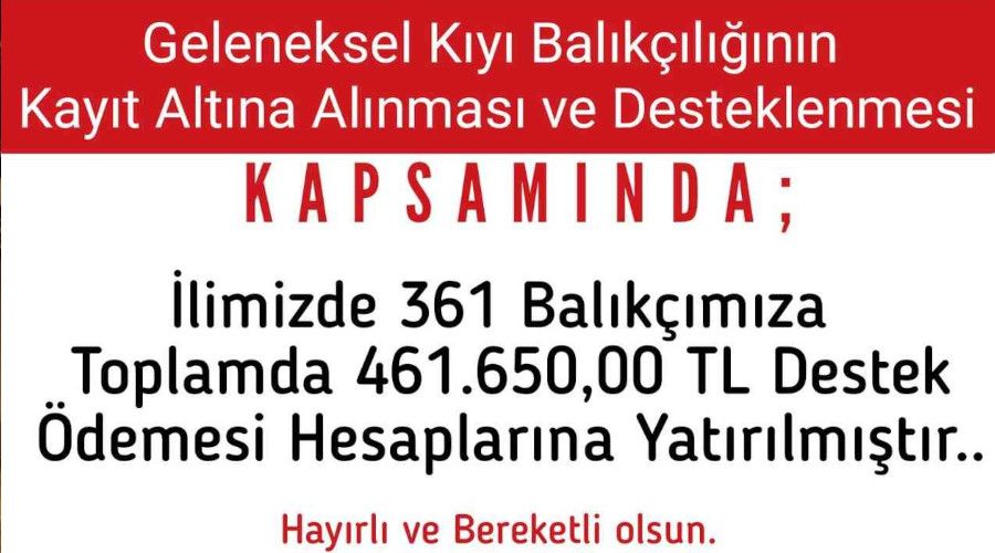 Sinop'ta 361 balıkçıya 461 bin 650 TL destek ödemesi