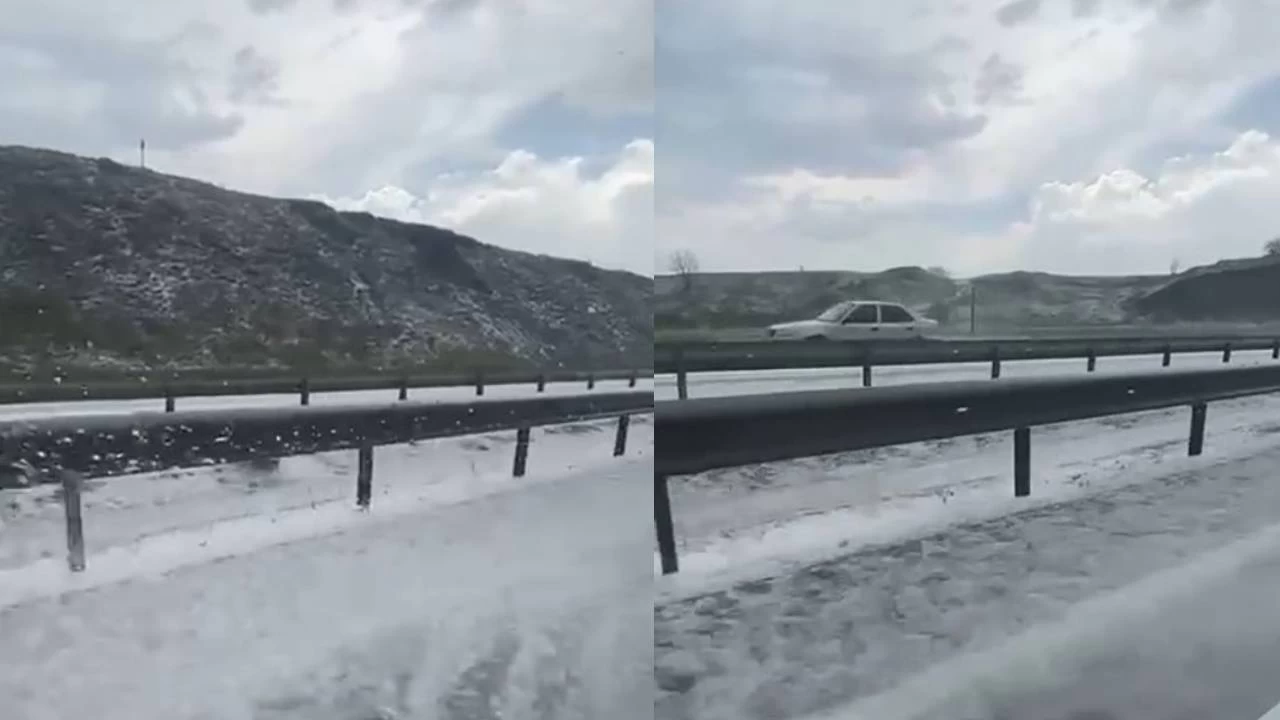 D100 karayolu yağan dolu ile beyaza büründü