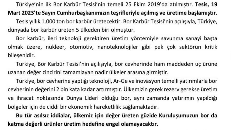 Eti Maden: 'Bor Karbür Tesisinde üretim yok iddiası doğru değildir'