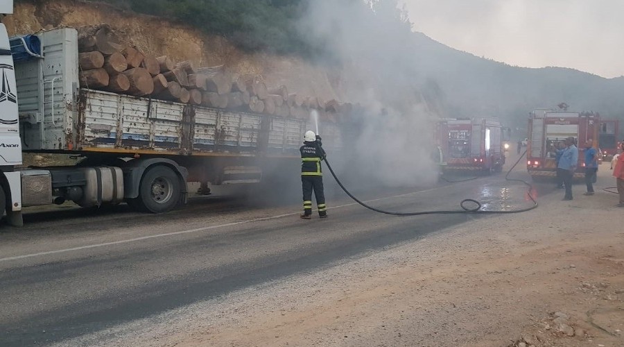 Tomruk yüklü tır alev aldı