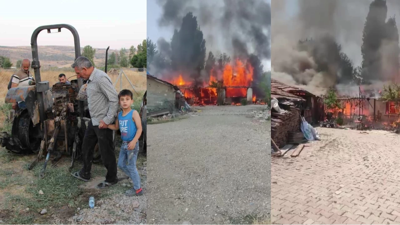 Ev, traktör ve otomobili yanan çift 4 torunuyla yuvasız kaldı