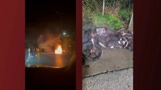 Otomobille çarpışan motosiklet alev topuna döndü