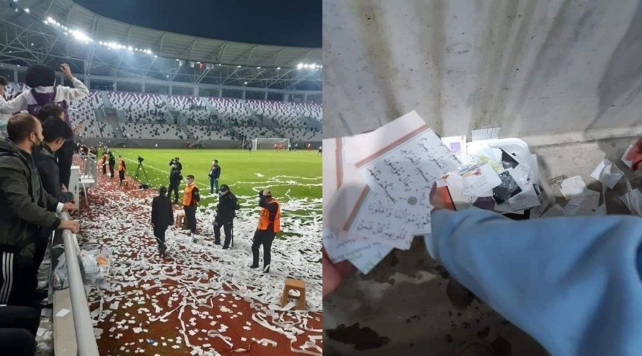 Stat a��l���nda skandal, Kuran sayfalar� konfeti �eklinde sahaya at�ld�