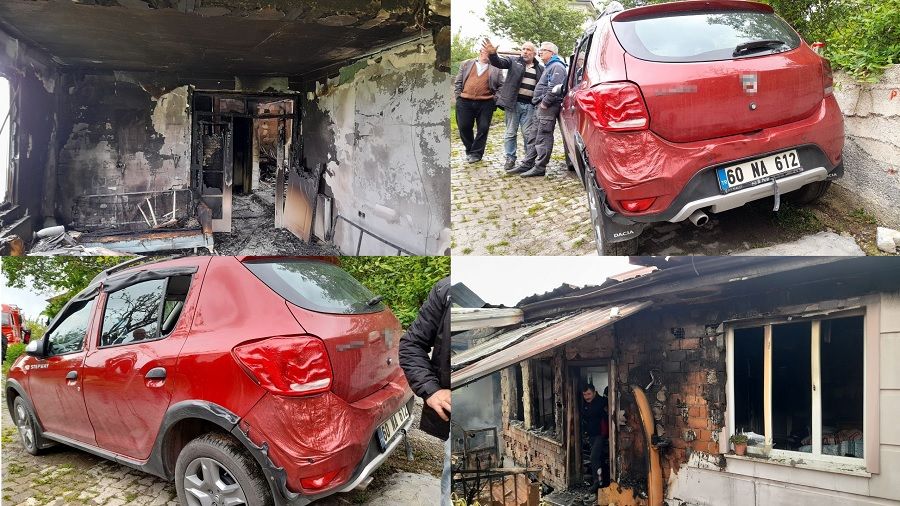 Evde başlayan yangın kapıdaki aracı eritti