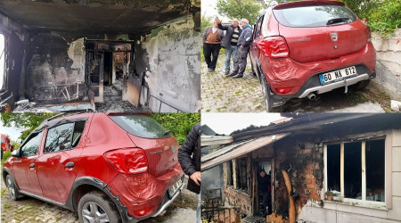 Evde başlayan yangın kapıdaki aracı eritti