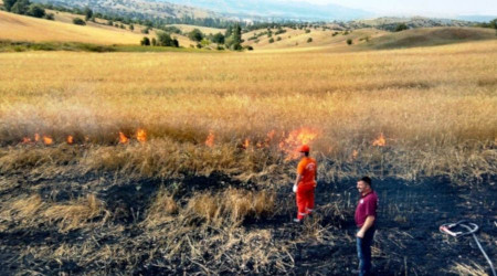 Hisarcık'ta yüksek gerilim hattı koptu, hububat tarlası alev alev yandı