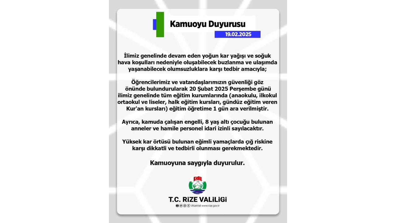 Rize'de eğitime kar engeli