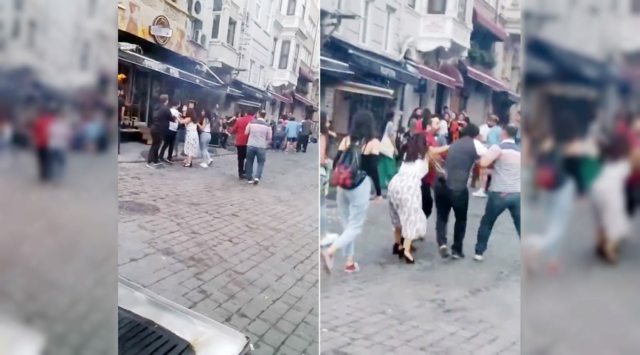 Taksim�de kad�nl� ve erkekli kavga 