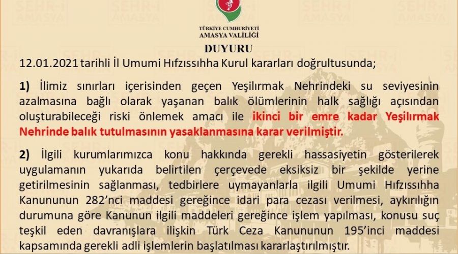 Ye�il�rmak�ta bal�k tutulmas�n� yasakland�
