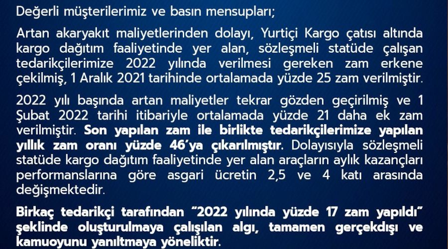 Yurtii Kargo'dan personele yaplan zamma ilikin aklama
