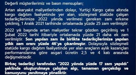 Yurtii Kargo'dan personele yaplan zamma ilikin aklama