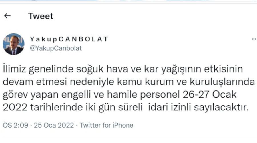 Bursa Valiliği'nden 2 gün personel izni kararı