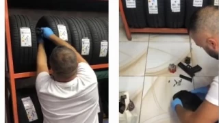 Araç lastiği satılan işyerinde lastiklerin içinde silahlar çıktı