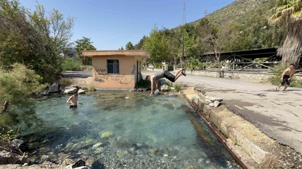 Doğal kaynak suyunda yüzerek serinlediler