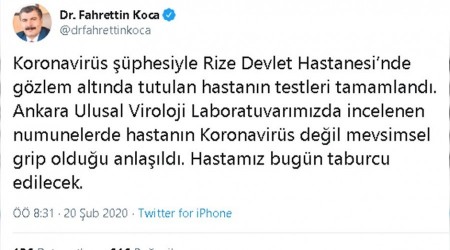 Koronavirüs şüphelisi temiz çıktı