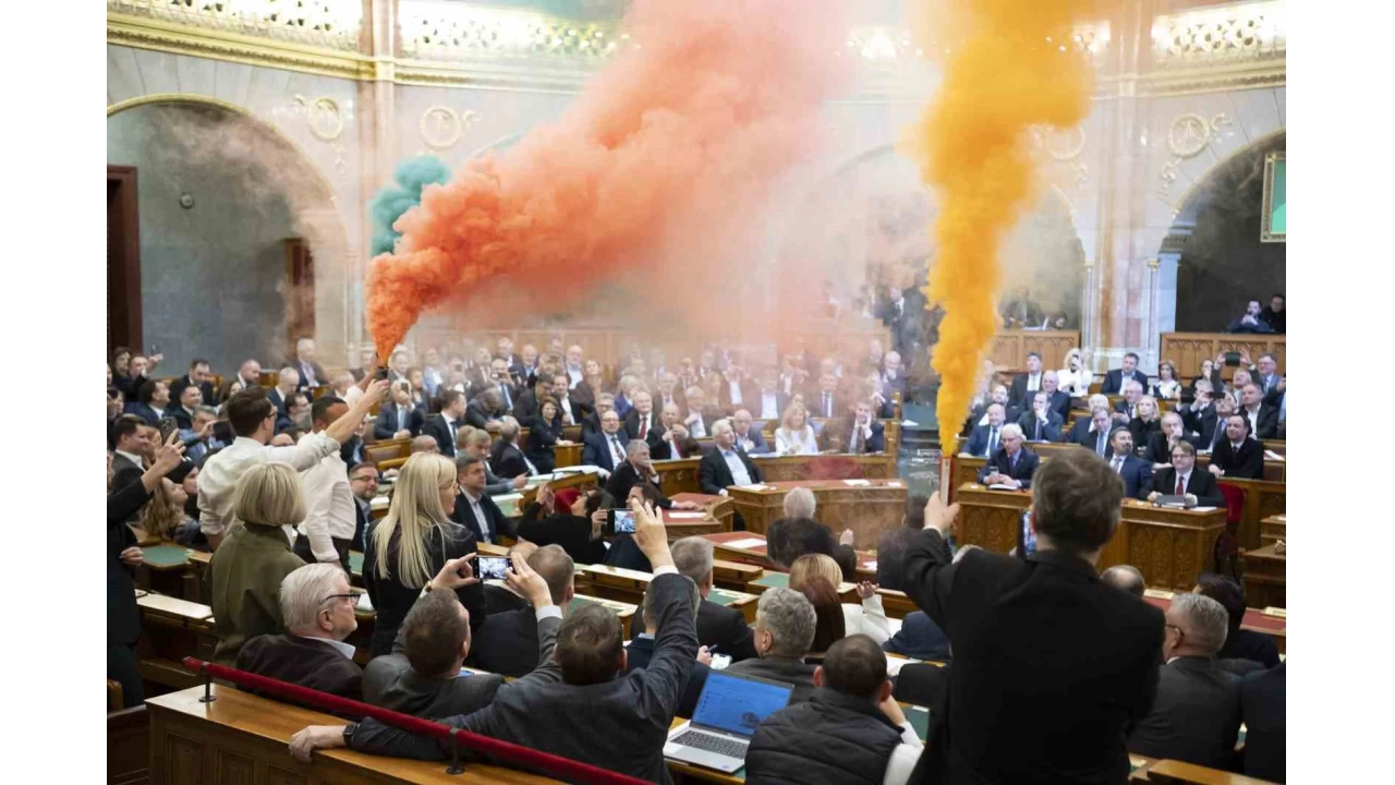 Macaristan'da muhalif milletvekilleri parlamentoda renkli i�aret fi�ekleri yakt�