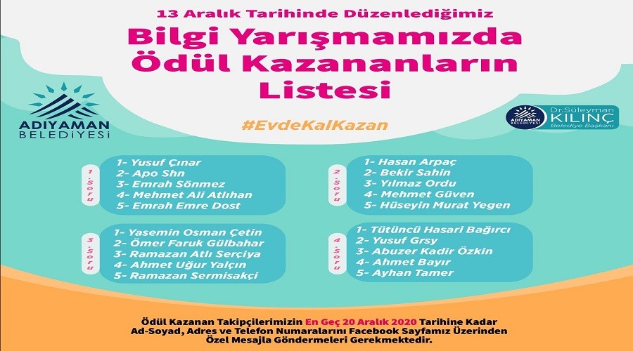 Adyaman Belediyesinin dzenledii bilgi yarmasnn kazananlar akland