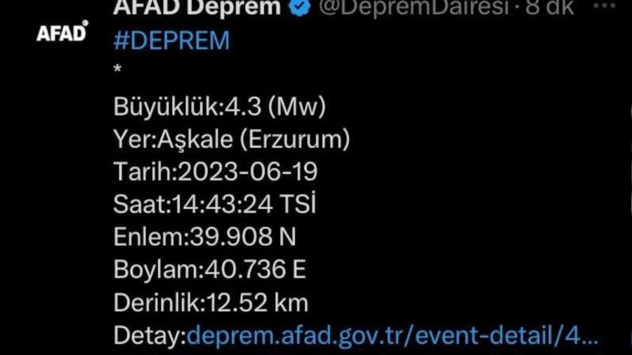 Erzurum'da 4,3 büyüklüğünde deprem