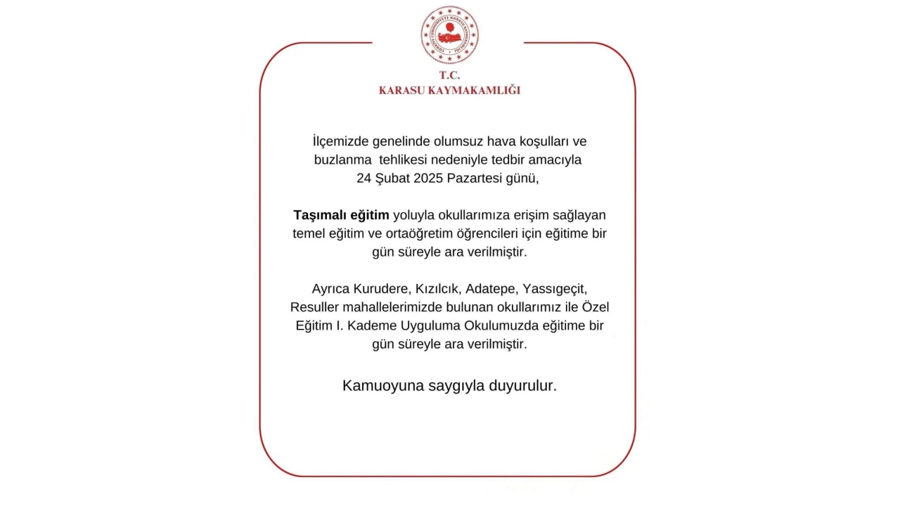 Sakarya'da bir ilçede taşımalı eğitime 1 gün ara verildi