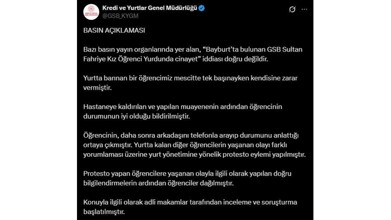 KYK, Bayburt'ta yurtta cinayet işlendiği iddiasını yalanladı