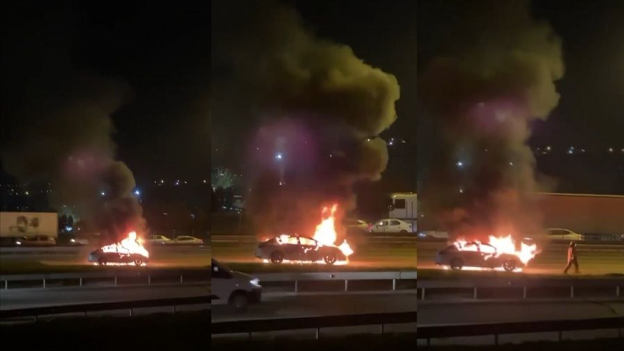 Tuzla TEM'de otomobil alev alev yandı
