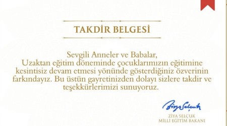 Milli Eğitim Bakanlığı'ndan velilere "Takdir Belgesi"