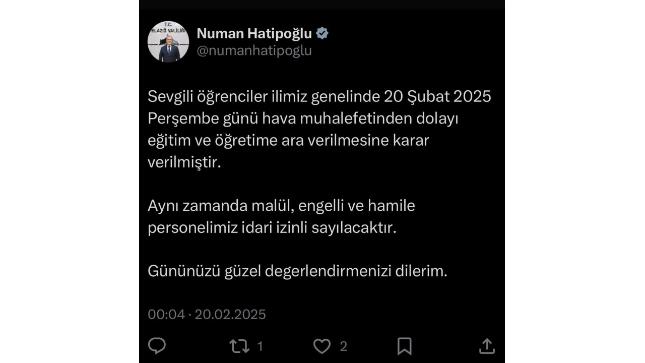 Elazığ'da eğitime ara verildi