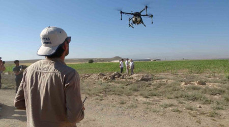 Niğde'de tarlalar dron ile ilaçlanıyor
