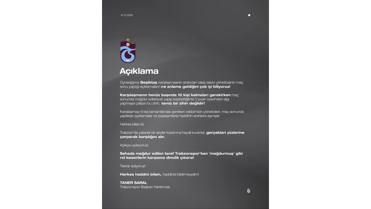 Trabzonspor'dan Beşiktaş yöneticilerine: Herkes haddini bilsin, haddinizi bildirmeyelim!