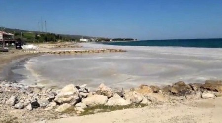 Deniz salyaları mavi bayraklı sahili beyaza çevirdi