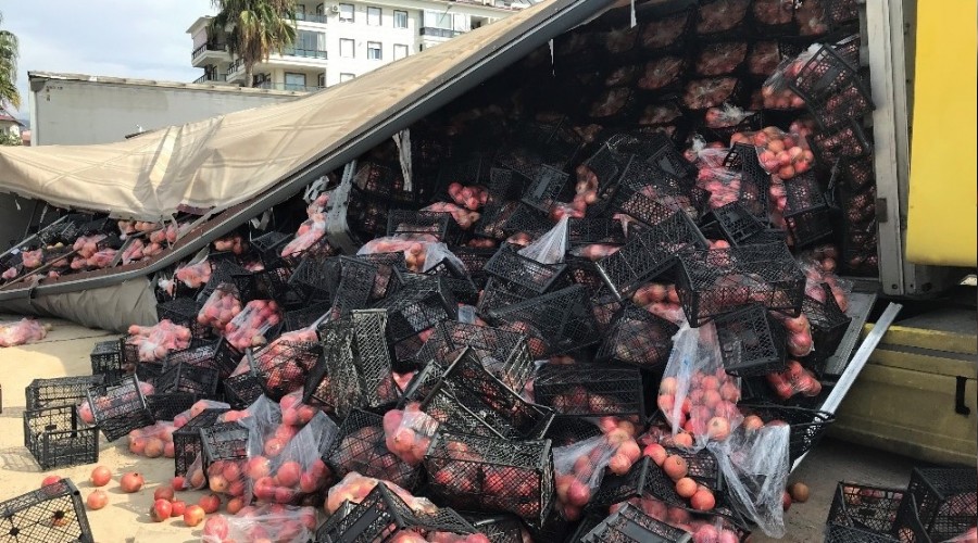 Domates ve nar yüklü tırın dorsesi patladı