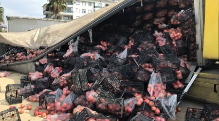 Domates ve nar yüklü tırın dorsesi patladı